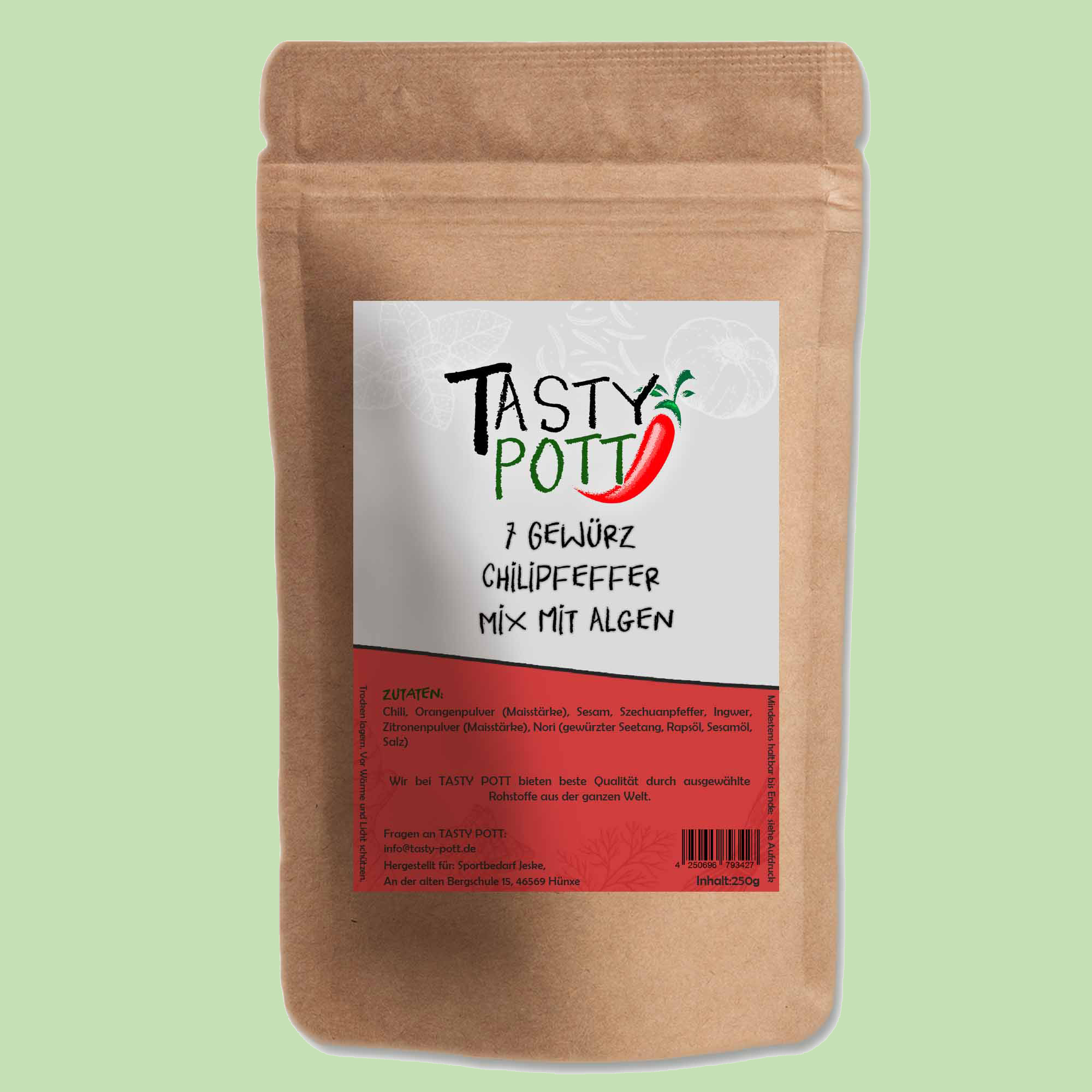 7 Gewürz Chilipfeffer mit Algen - Chili Pfeffer scharf - 250g Beutel Tasty Pott 