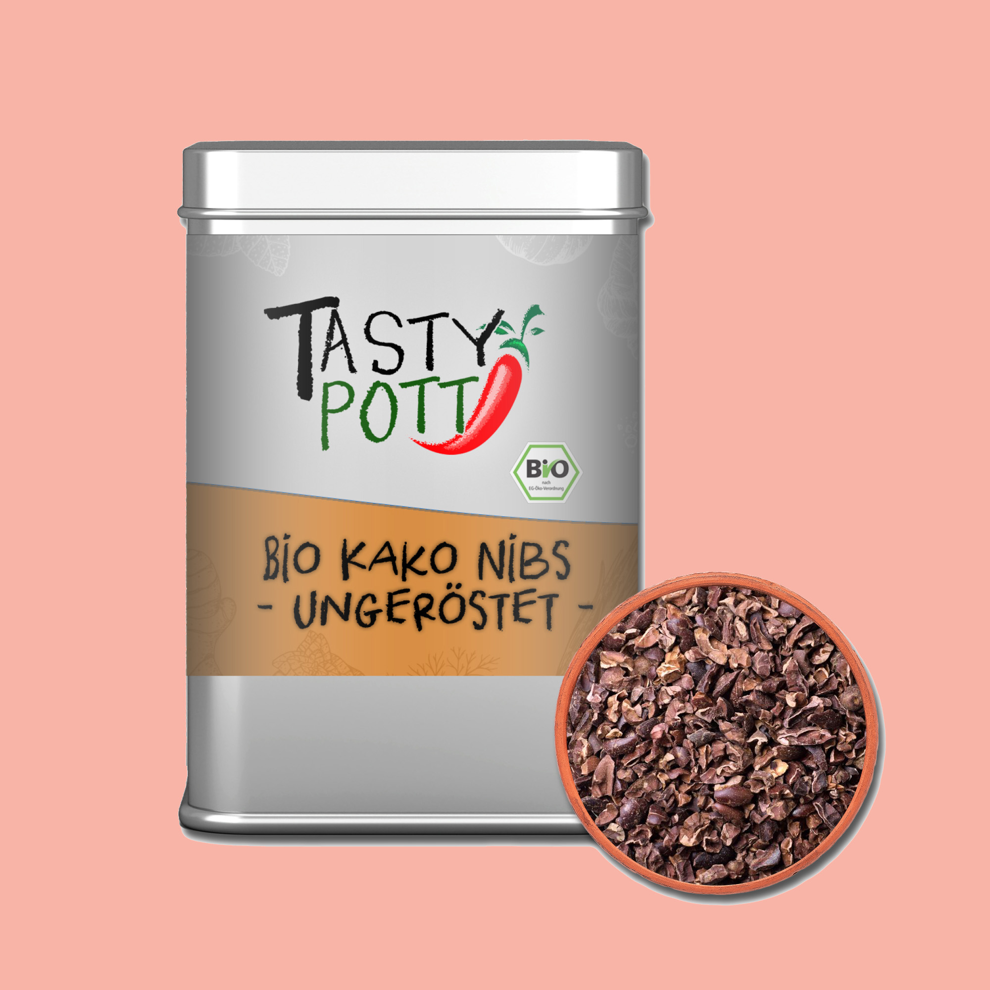 Bio Kakao Nibs - Kakaonibs ungeröstet - 75g Dose von Tasty Pott 
