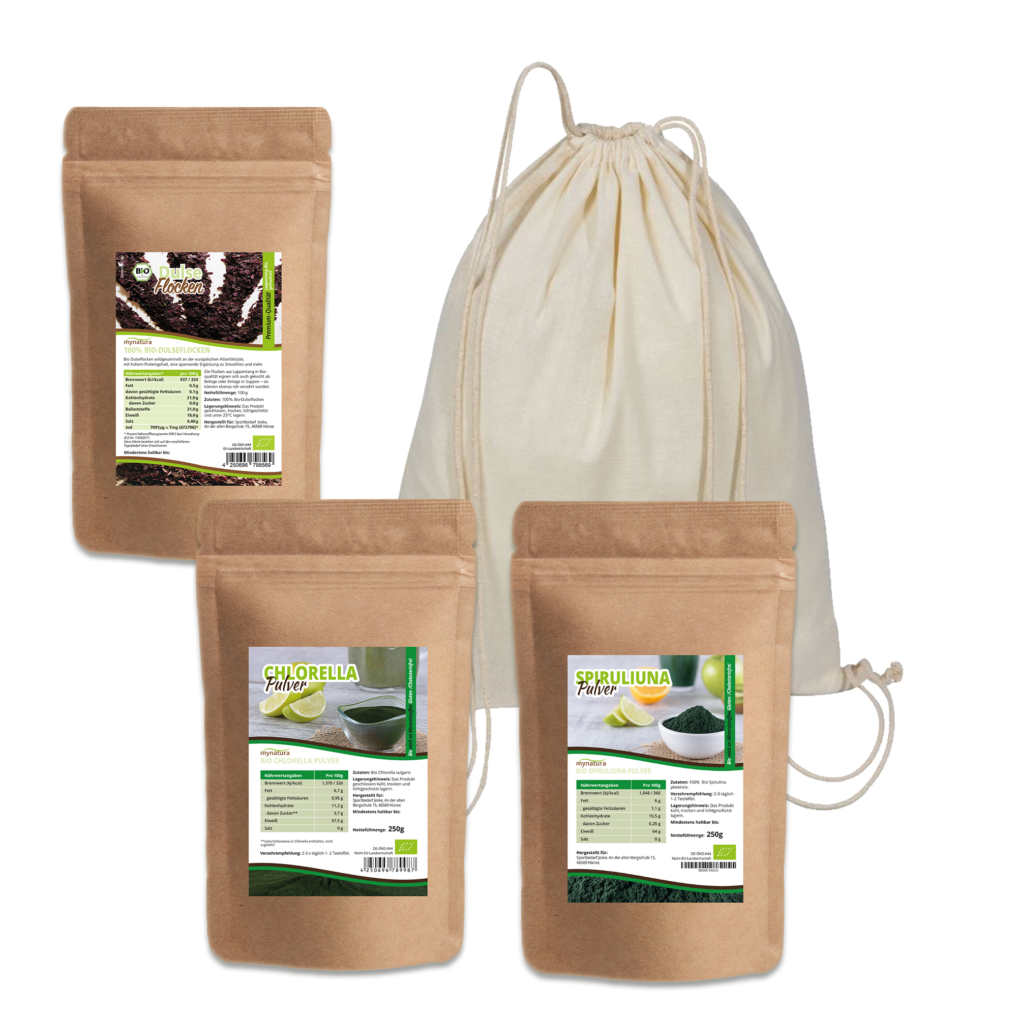 Mynatura Bio Algen Set - Dulse Flocken (100g)- Chlorella Pulver (250g) - Spirulina Pulver (250g) Mynatura Bio Algen Set - Dulse Flocken (100g)- Chlorella Pulver (250g) - Spirulina Pulver (250g)