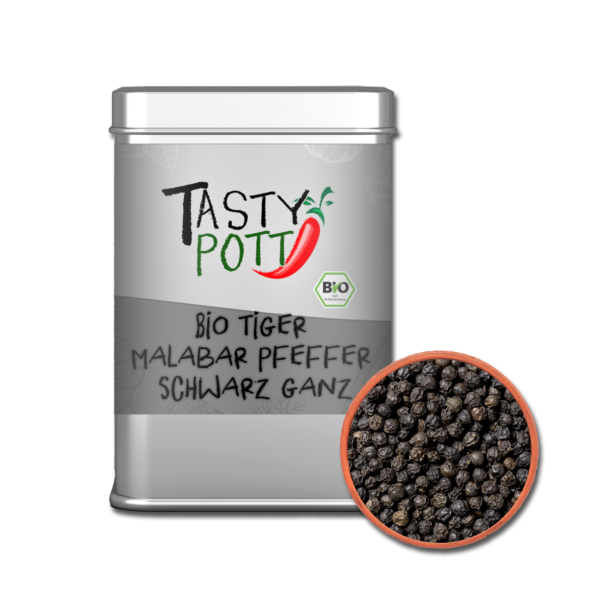 Tiger Bio Malabar Pfeffer schwarz - Tigerpfeffer ganz aus Indien | 100g Dose Tasty Pott   Tiger Bio Malabar Pfeffer schwarz - Tigerpfeffer ganz aus Indien | 100g Dose Tasty Pott