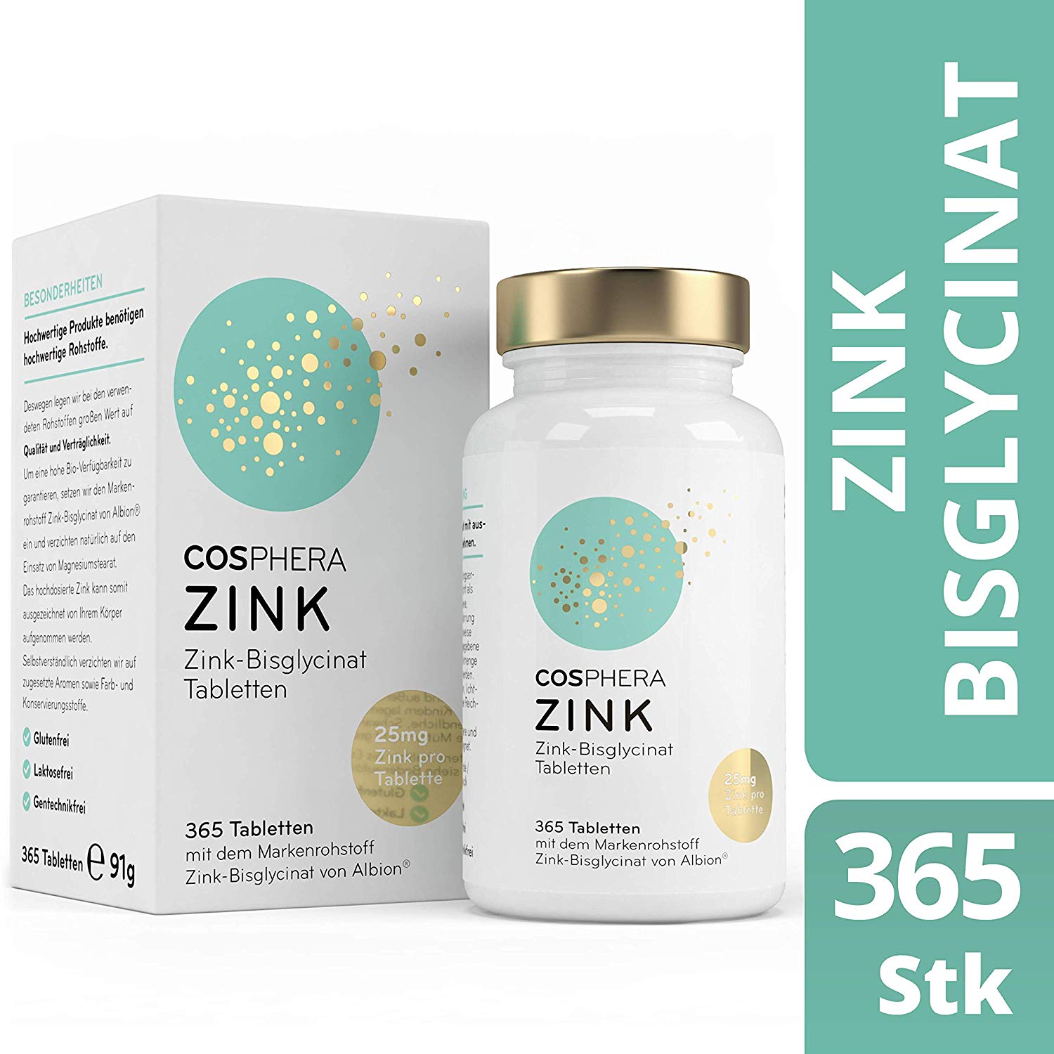 Cosphera - Zink Hochdosiert 25mg Zink-Bisglycinat 365 vegane Tabletten