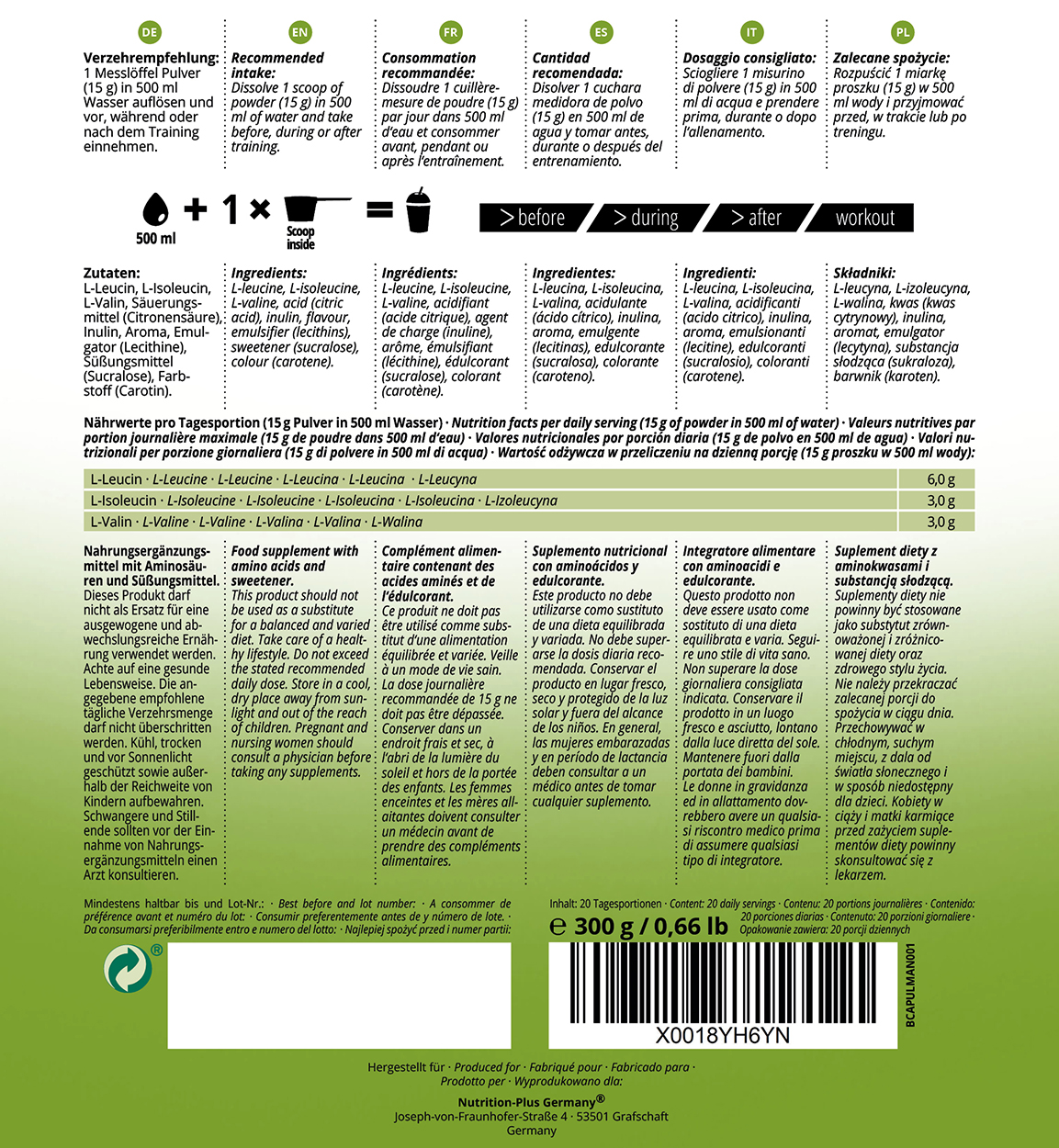 Nutri+ BCAA Aminosäuren Complex hochdosiert  Flavor (300g) Nutri+ BCAA Aminosäuren Complex hochdosiert  Flavor (300g)