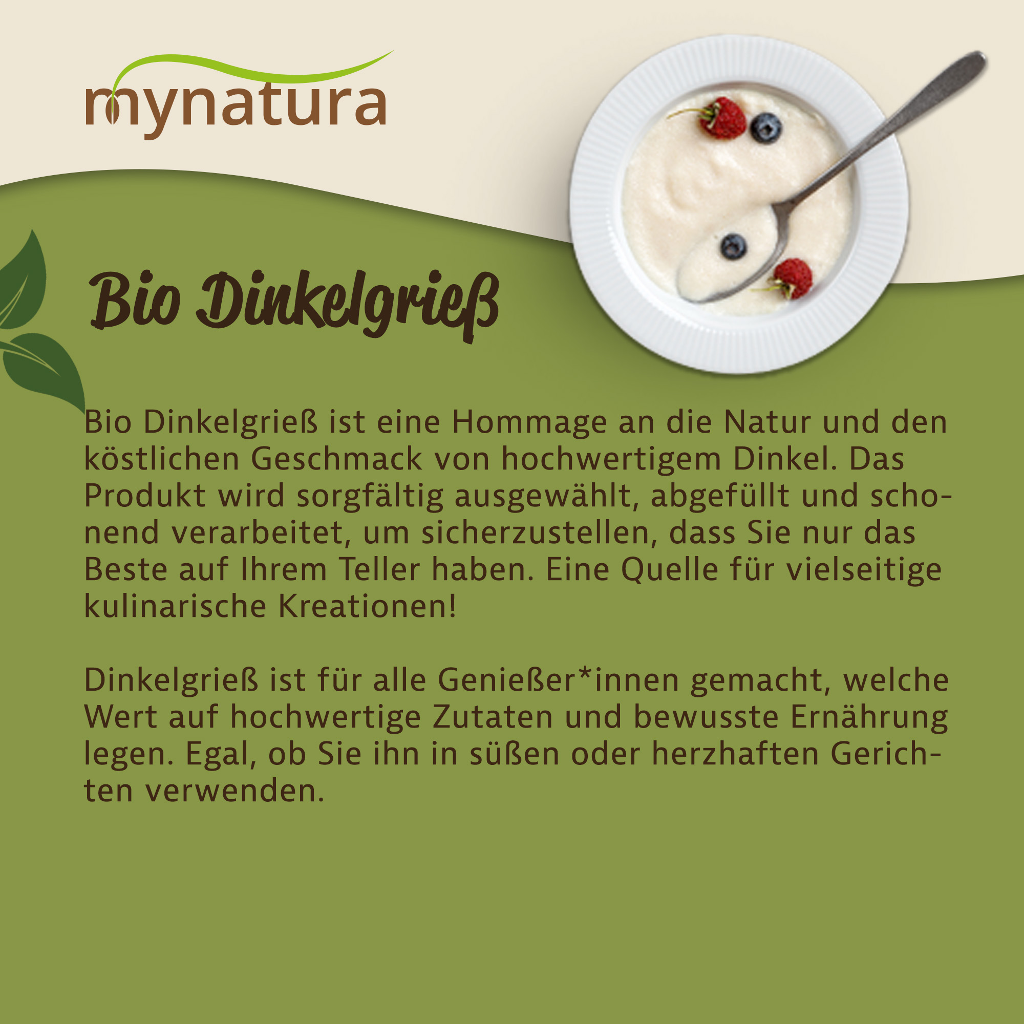Bio Dinkelgrieß von Mynatura – Vielseitiges Naturprodukt für süße und herzhafte Gerichte | Dinkel gemahlen, vegan & nachhaltig 500g