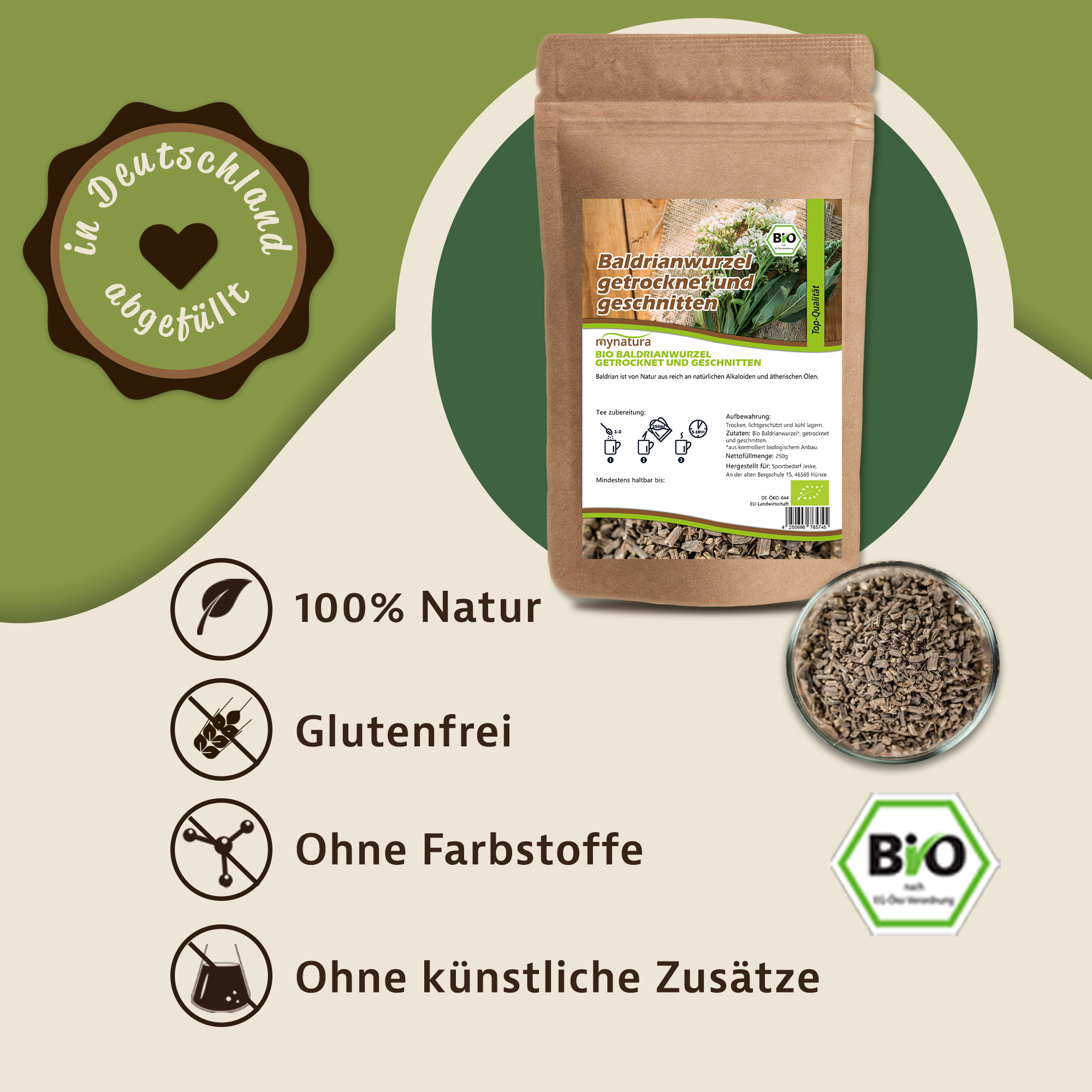Bio Baldrianwurzel geschnitten von Mynatura | Naturprodukt für Tee & kreative Anwendungen 250g