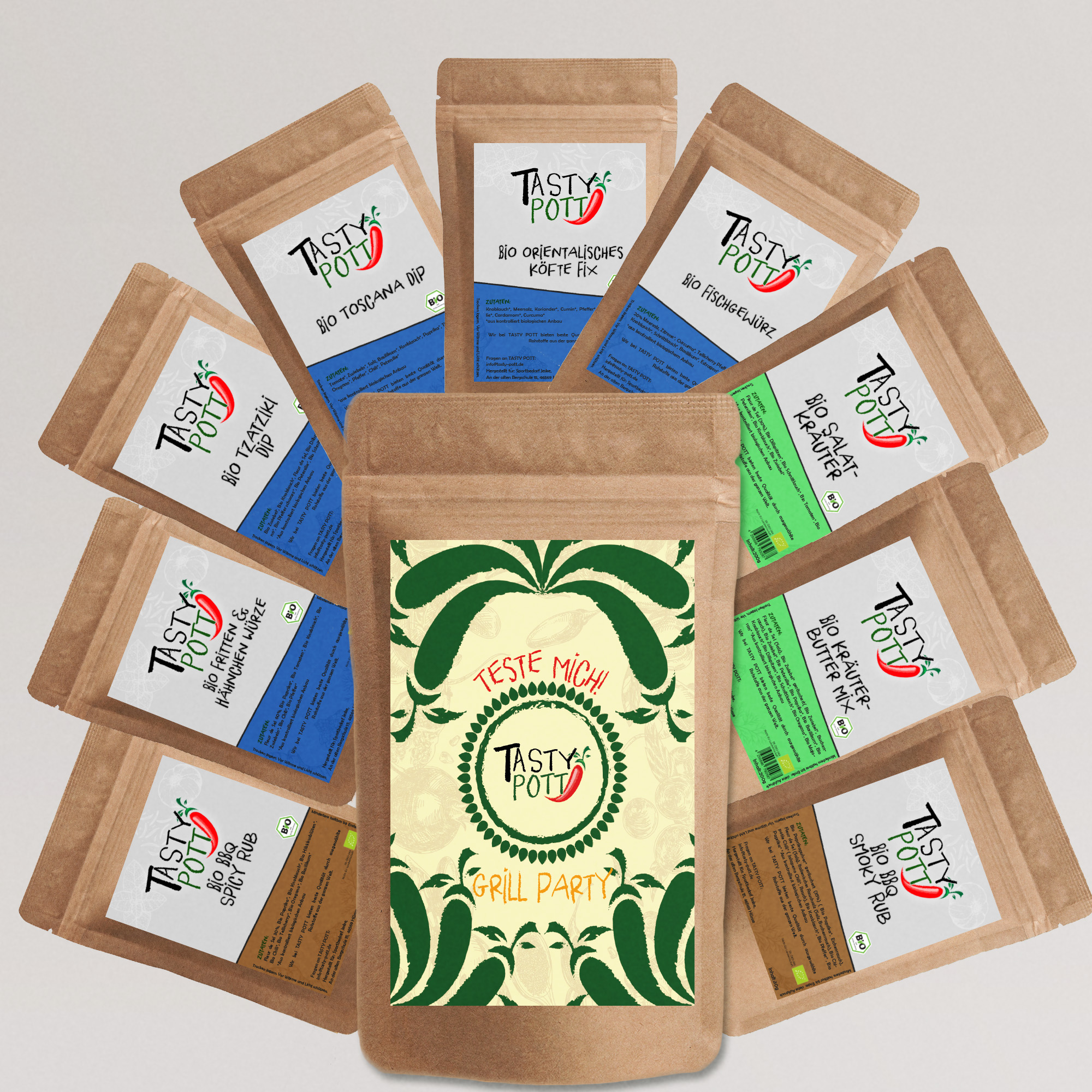 Tasty Pott Bio Grill Party Set 9x 30g Probierset - Grillgewürze - Gewürzmischungen Tasty Pott Bio Grill Party Set 9x 30g Probierset - Grillgewürze - Gewürzmischungen