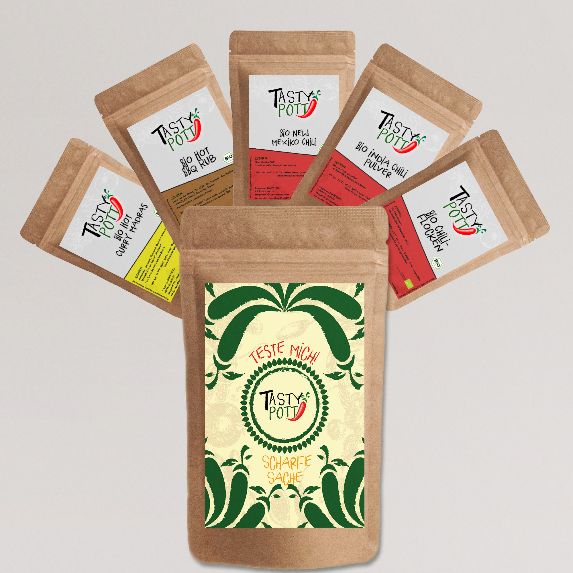 Scharfe Sache - Chili Set Bio Qualität | 5 x 30g Probiergrößen Tasty Pott  Scharfe Sache - Chili Set Bio Qualität | 5 x 30g Probiergrößen Tasty Pott