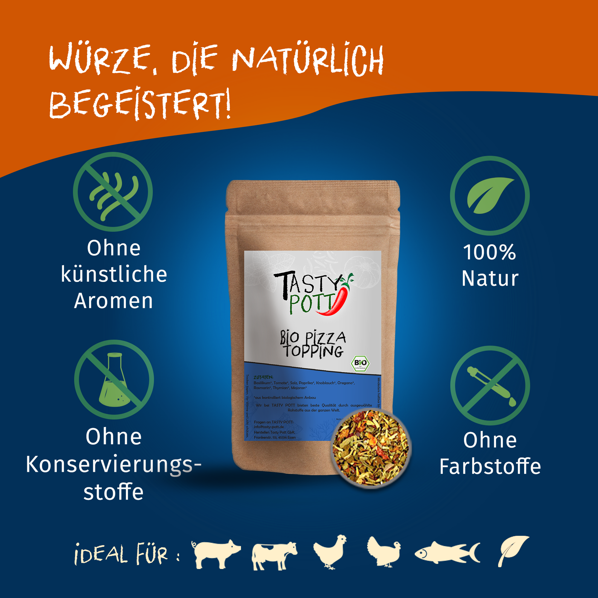 Bio Pizza Topping - Gewürzmischung - 70g Dose von Tasty Pott Bio Pizza Topping - Gewürzmischung - 70g Dose von Tasty Pott