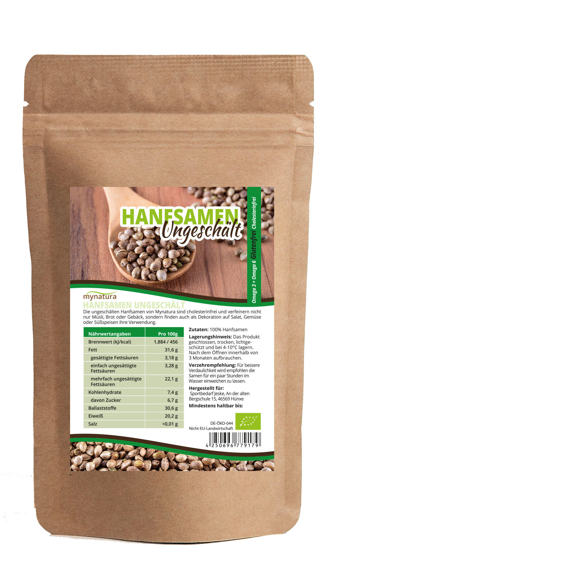 Mynatura Bio Hanfsamen ungeschält – natürliche Eiweißquelle mit nussigem Geschmack und nachhaltiger Verpackung Mynatura Bio Hanfsamen ungeschält – natürliche Eiweißquelle mit nussigem Geschmack und nachhaltiger Verpackung