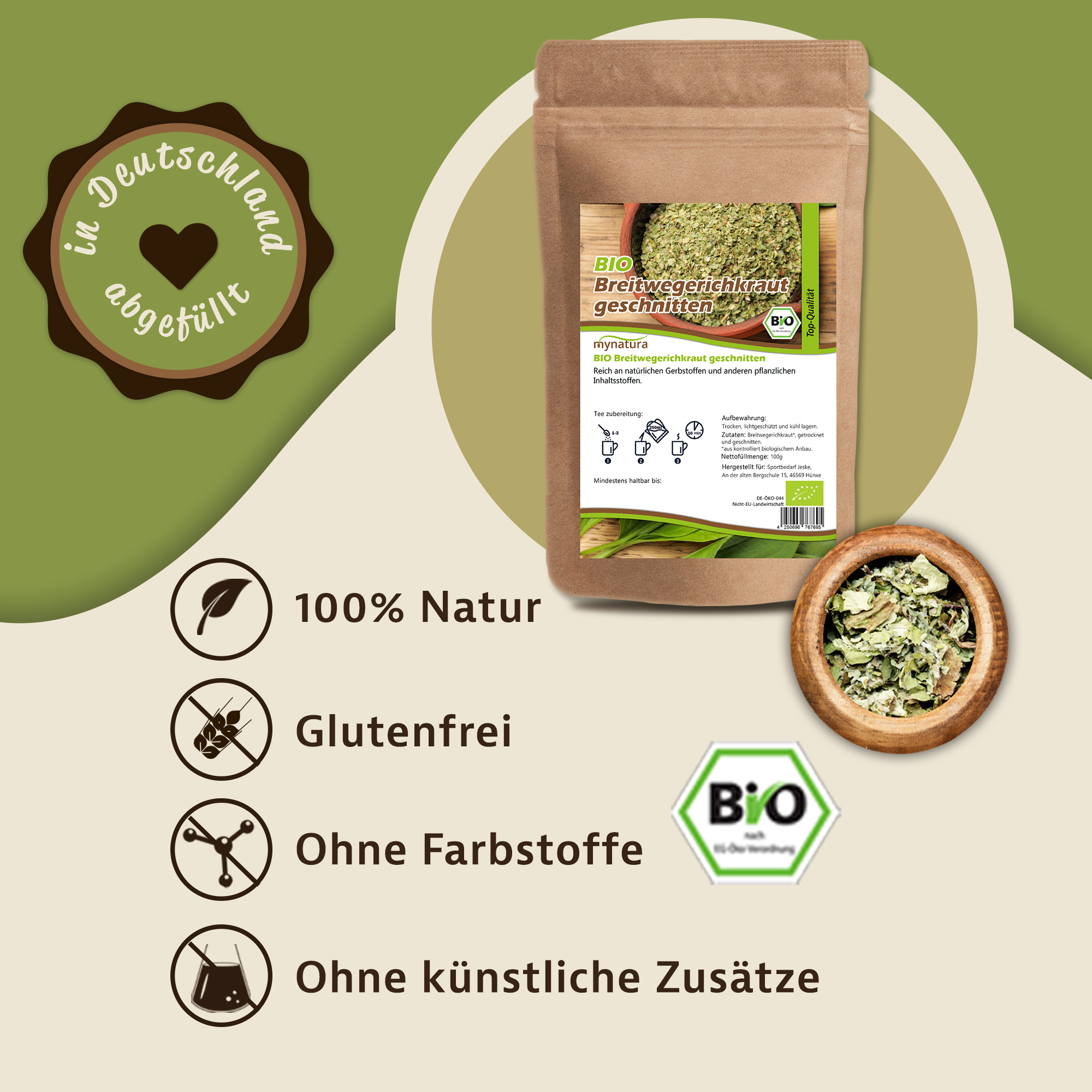 Getrocknetes und geschnittenes Breitwegerichkraut von Mynatura – naturbelassenes Kraut für Tees und Aufgüsse 100g
