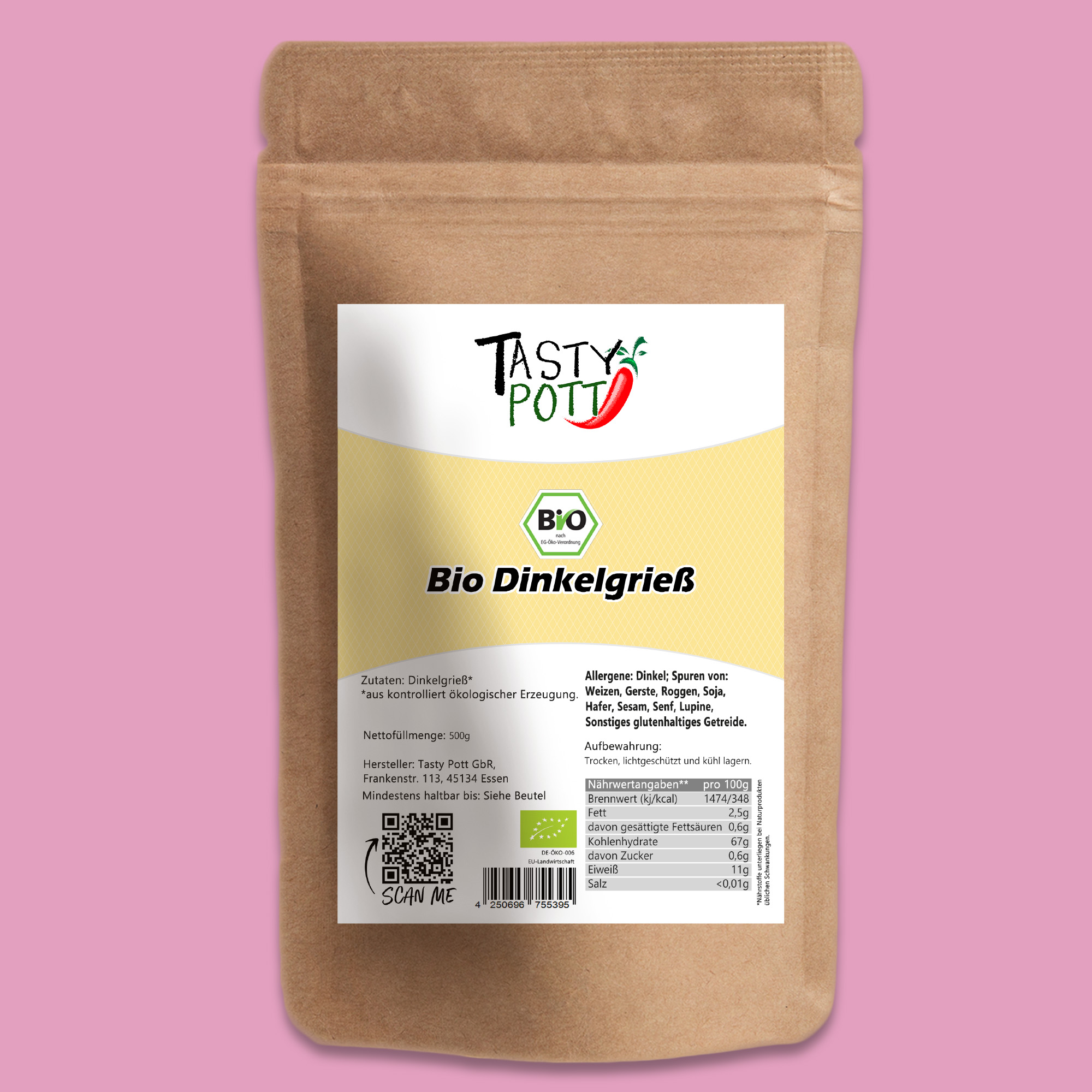 Tasty Pott Bio Dinkelgrieß – regionaler Bio-Genuss für süße & herzhafte Rezepte 500g 