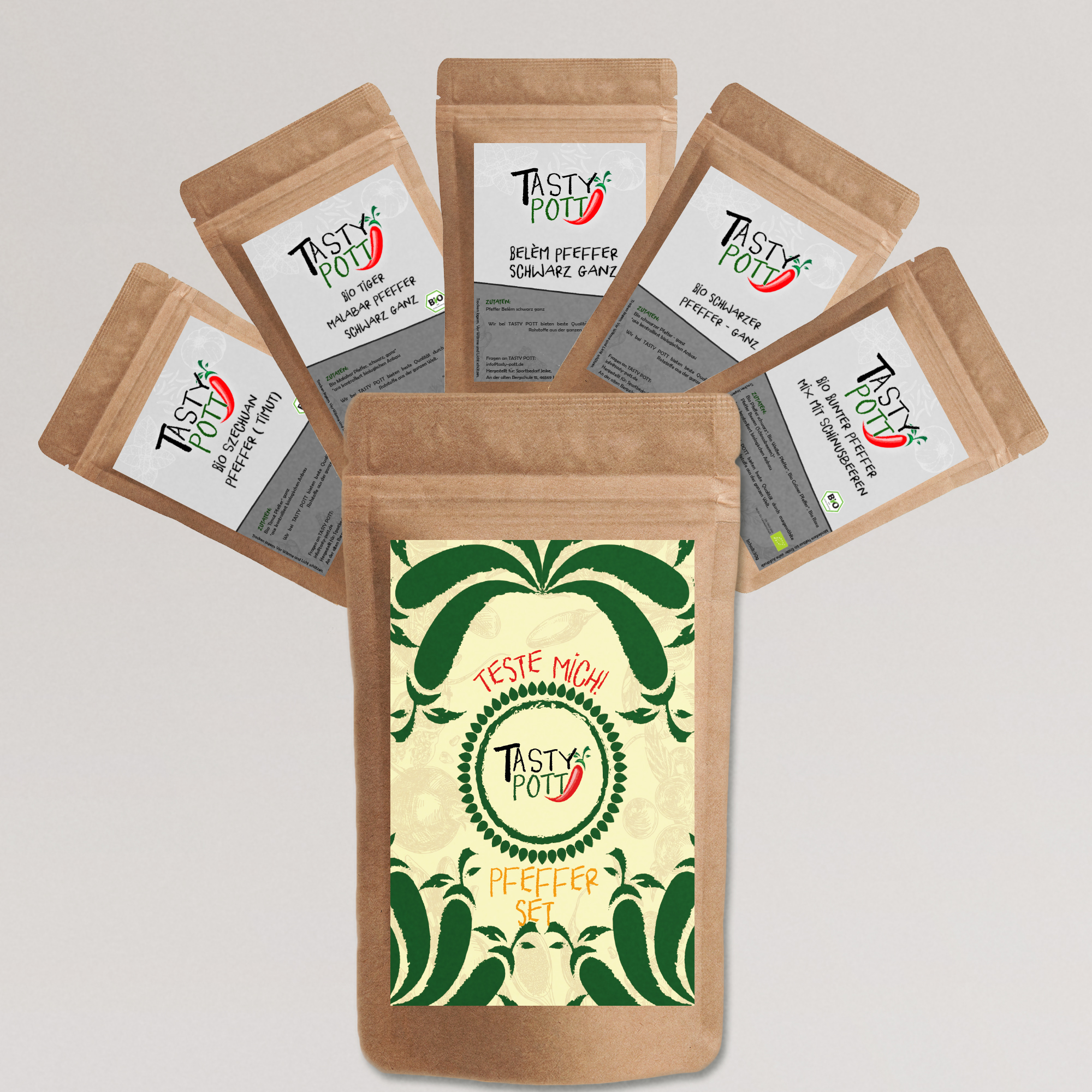 Tasty Pott Pfeffer Set 5x 30g Probiergröße - Pfefferkörner - Verschiedene Sorten Tasty Pott Pfeffer Set 5x 30g Probiergröße - Pfefferkörner - Verschiedene Sorten