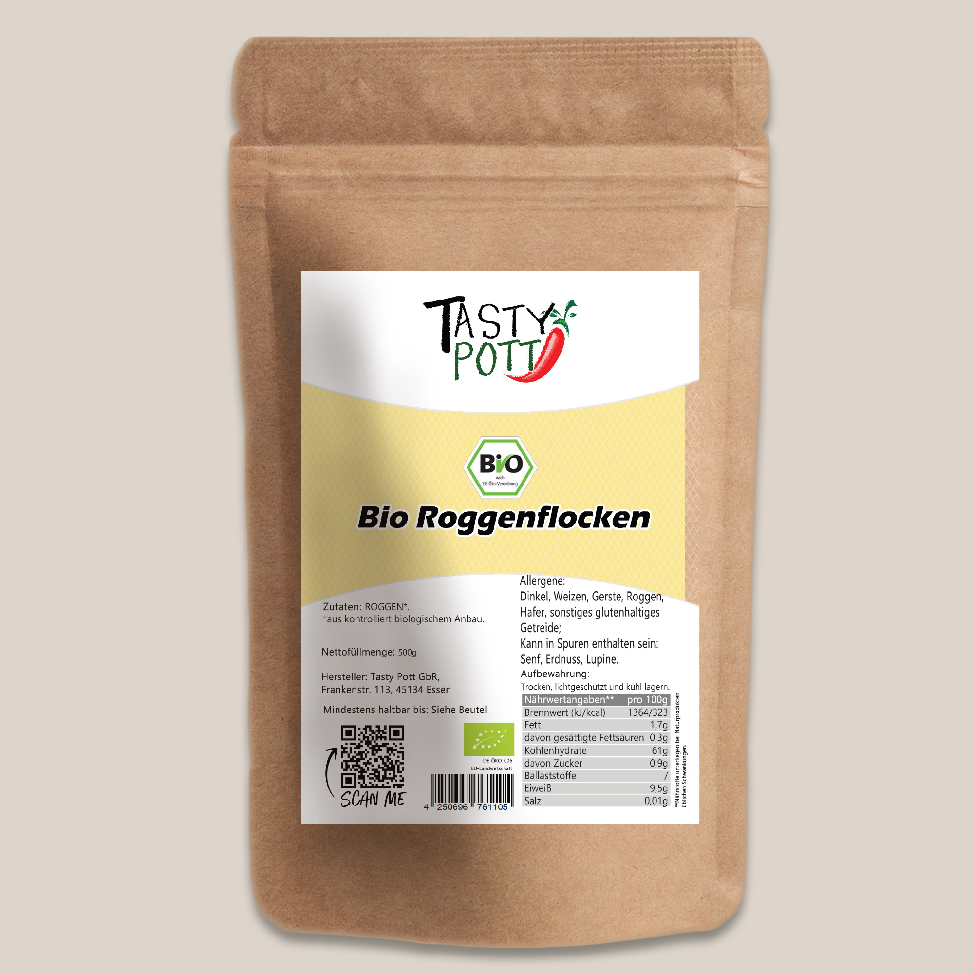 Tasty Pott Bio-Roggenflocken – Natürlich, vielseitig & ohne Zusätze | Roggenflocken kaufen 