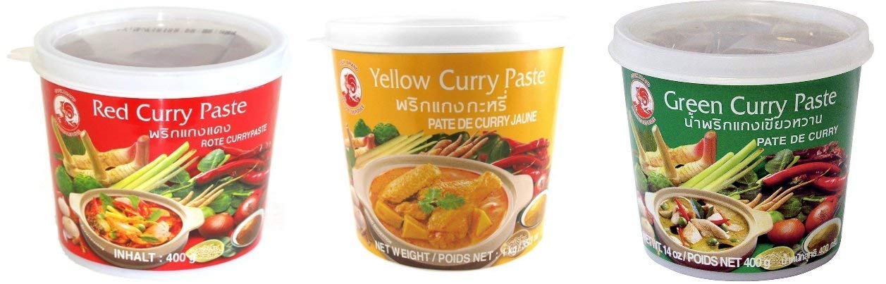 COCK BRAND Mix 3 x 400 g Paste Curry Gelb Grün und Rot COCK BRAND Mix 3 x 400 g Paste Curry Gelb Grün und Rot