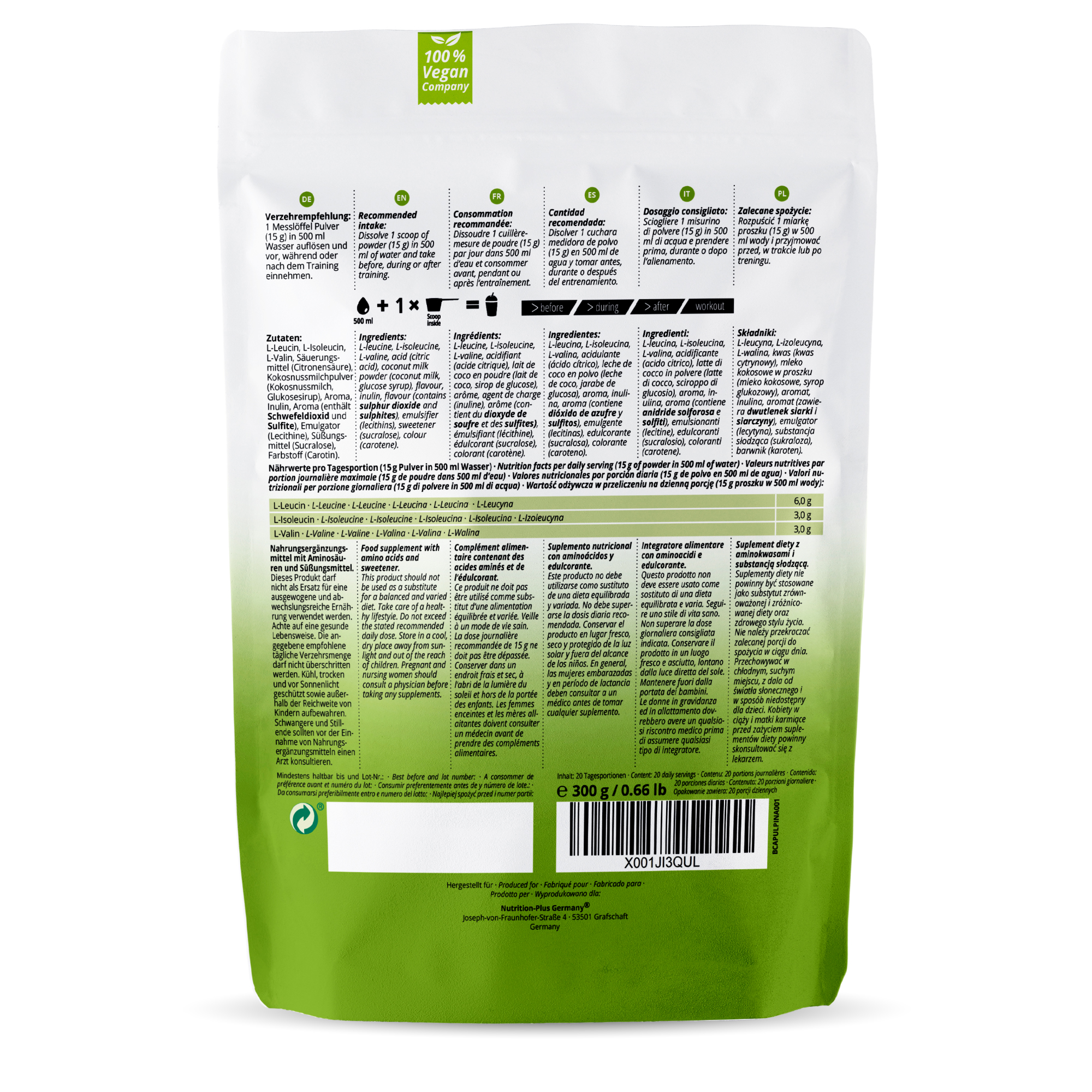 Nutri+ BCAA Aminosäuren Complex hochdosiert  Flavor (300g) Nutri+ BCAA Aminosäuren Complex hochdosiert  Flavor (300g)