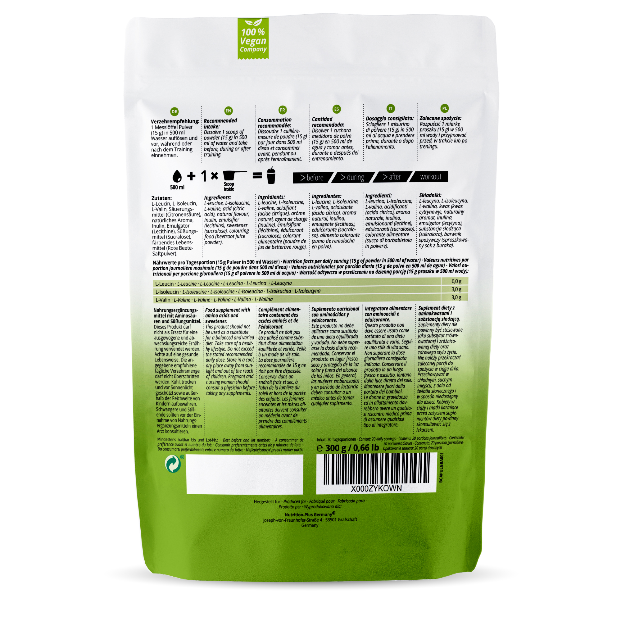 Nutri+ BCAA Aminosäuren Complex hochdosiert  Flavor (300g) Nutri+ BCAA Aminosäuren Complex hochdosiert  Flavor (300g)