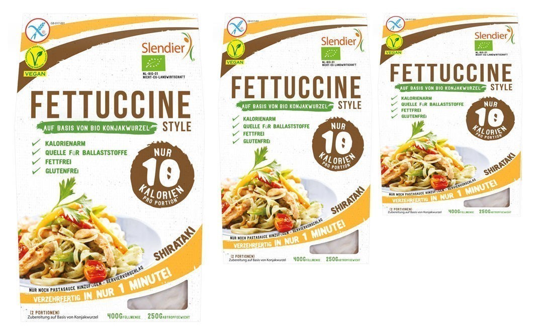 Slendier Basische Konjac Fettuccine Shirataki (6er Pack Bio) Slendier Basische Konjac Fettuccine Shirataki (6er Pack Bio)