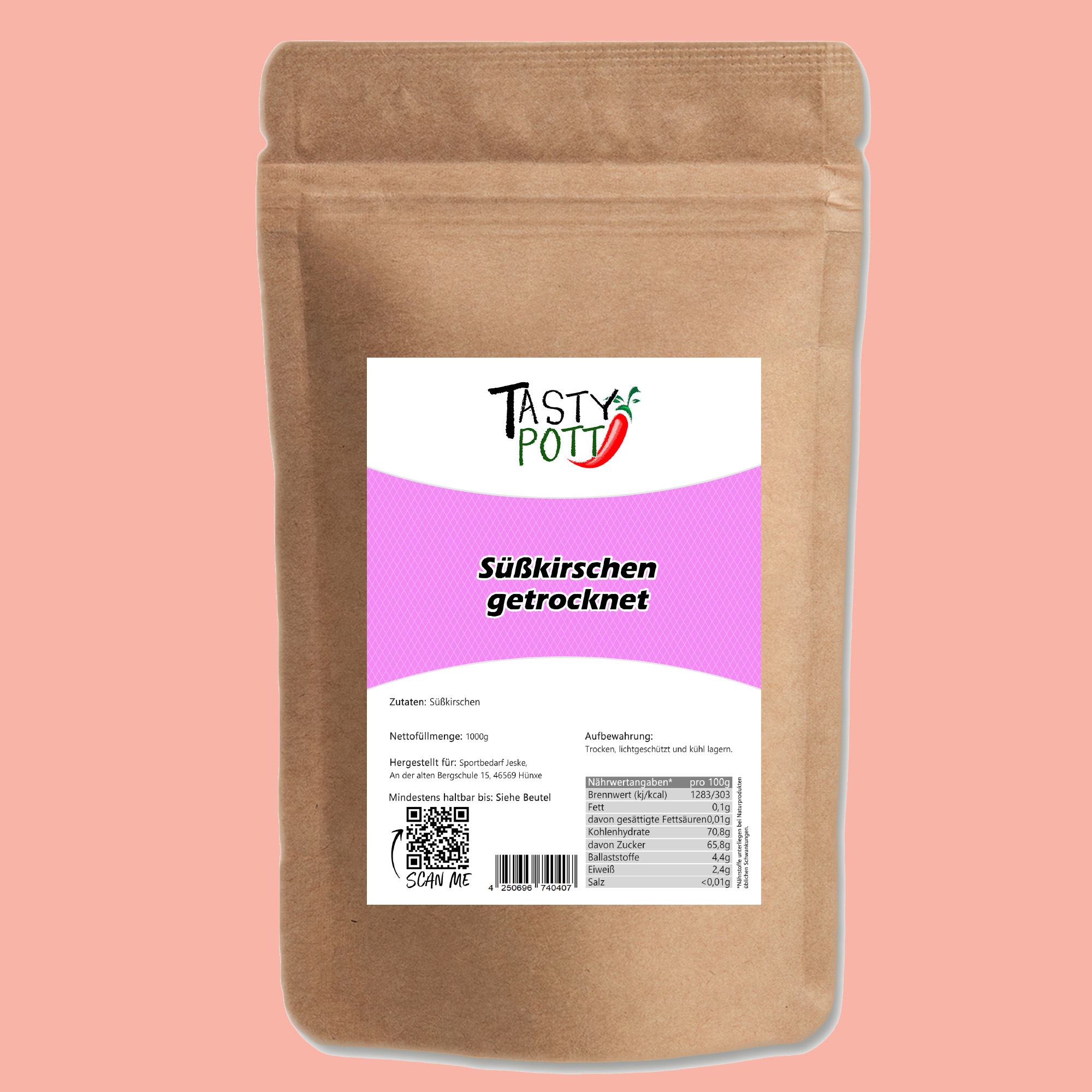 Süßkirschen getrocknet, ohne Stein - Ungesüßt - 1kg Beutel Tasty Pott