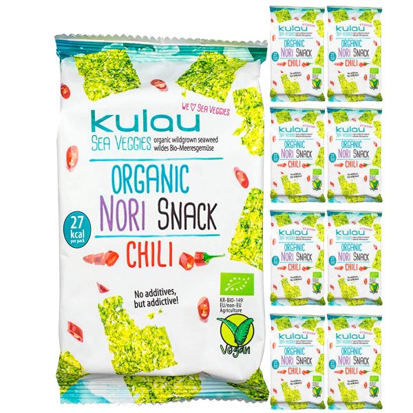 Kulau Bio Nori Snack Chili - 8er Pack scharfer Snack aus gerösteten Nori-Blättern