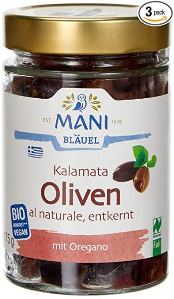 MANI ΜΑΝΙ Kalamata Oliven, al naturale, entkernt, bio, (3 x 175 g)