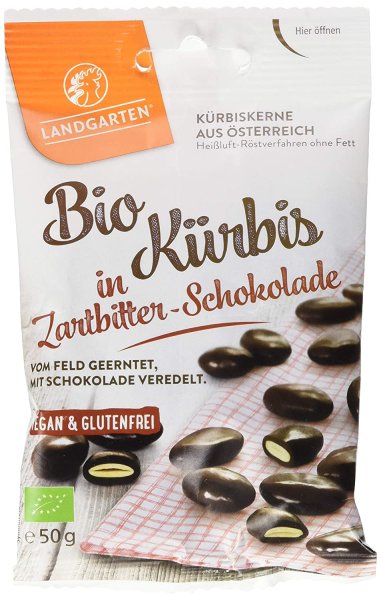 Landgarten Bio geröstete Kürbiskerne umhüllt von Zartbitterschokolade, 50 g