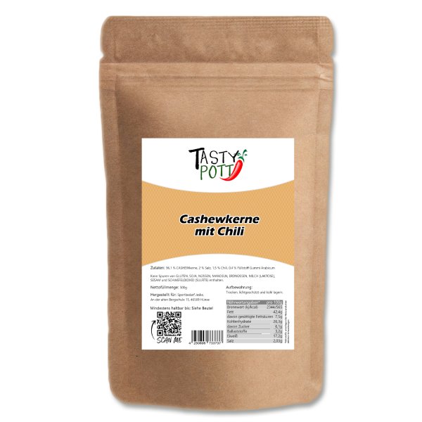 Tasty Pott Cashewkerne - CHILI - geröstet & gesalzen 500g Beutel