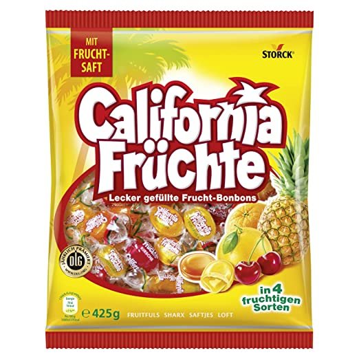 California Früchte – 1 x 425g – Gefüllte Bonbons mit Fruchtsaft – In vier verschiedenen Sorten …