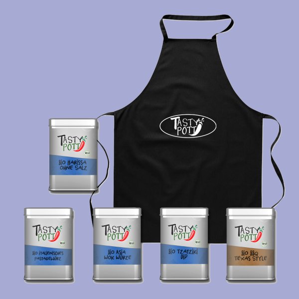 Tasty Pott Bio Gewürz-Set 4 Internationale Würze für Zuhause + Schürze