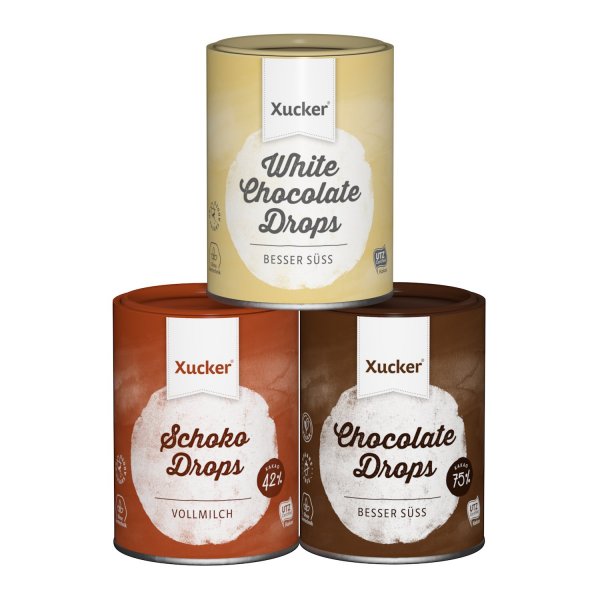Xucker 3 x 200 g Schokoladen-Drops Set, Edel Vollmilch, Weiß, Edelbitter